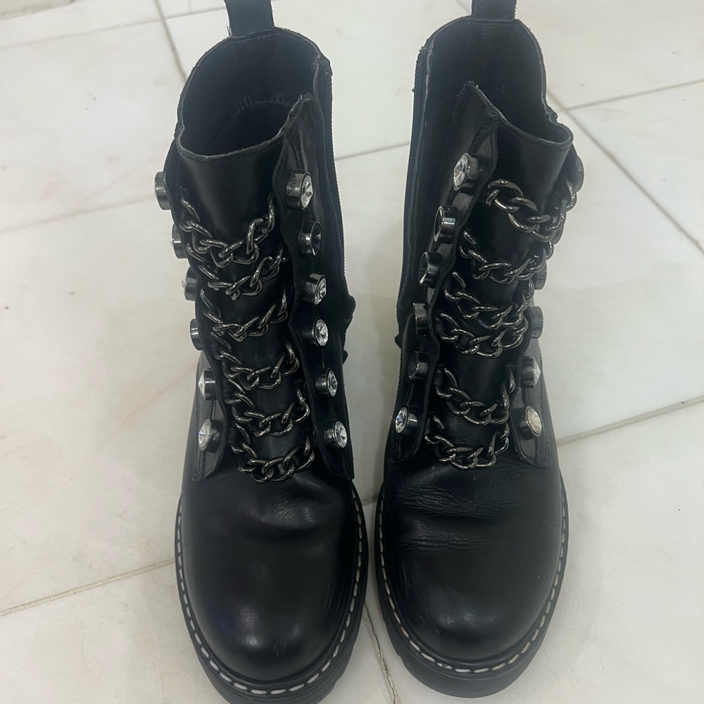 Kurt Geiger Black Rhinestone Studs, Chain-Detail Combat Boots